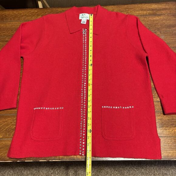 The Quacker Factory Cardigan Sweater Womens L Red Wool Rhinestone Heart Full Zip - Picture 4 of 7